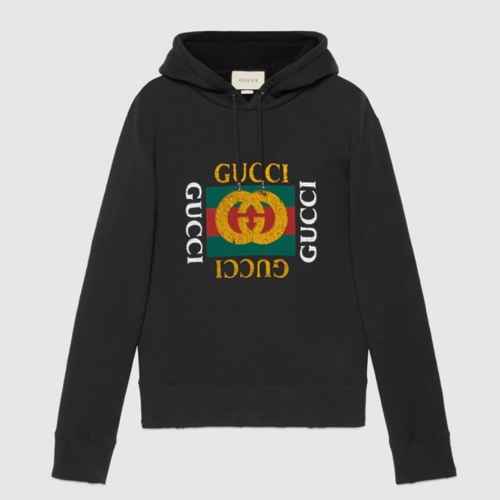 GG authentic & RARE black distressed Gucci Men’s hoodie sizeM, but can fit L.